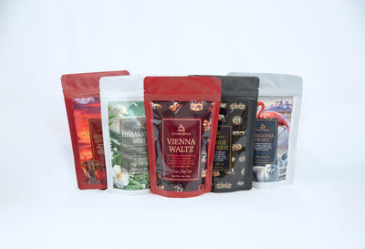 A global tea journey — destinations spanning Africa, the Himalayas, Vienna, Prague, and Patagonia, evoking The Flight multi-stop world exploration
